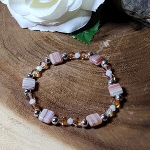 Hand Crafted Stretch Bracelet Amber Colored Square Beads & AB White Crystals